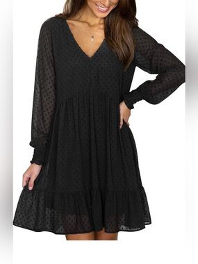 Black Swiss Dot V-Neck Lined Tiered Mini Dress